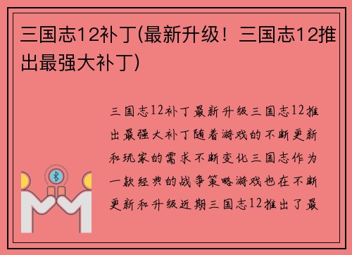 三国志12补丁(最新升级！三国志12推出最强大补丁)